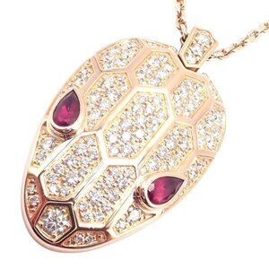 Authentic Bulgari Bvlgari Serpenti 18k Rose Gold Pave Diamond Rubellite Necklace
